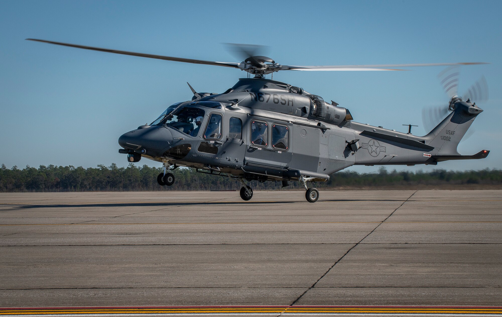 The MH-139A Grey Wolf lands at Duke Field, Fla., Dec. 19, 2019, before its unveiling and naming ceremony. The aircraft is set to replace the Air Force's fleet of UH-1N Huey aircraft and has capability improvements related to speed, range, endurance and payload. (U.S. Air Force photo by Samuel King Jr.)