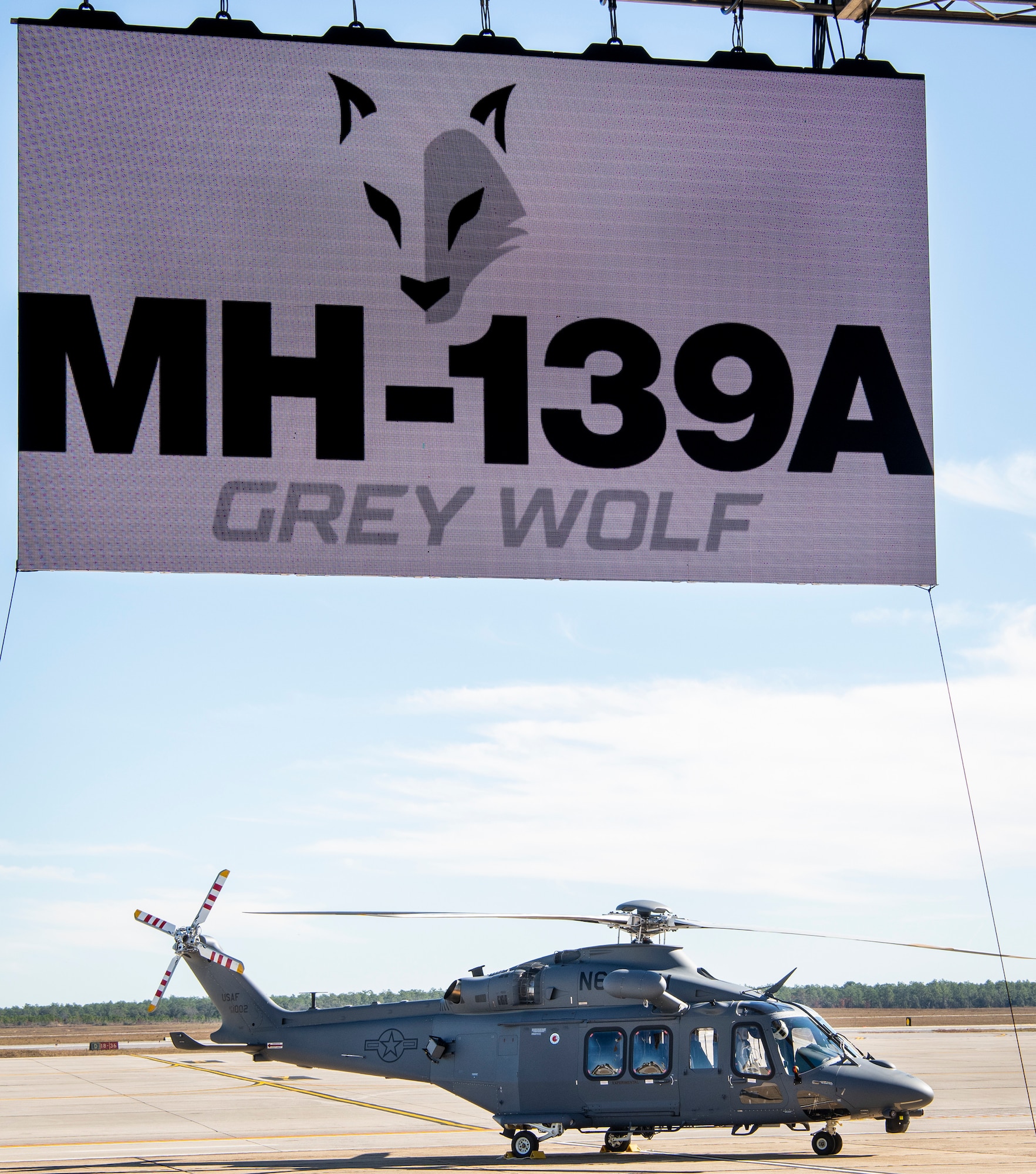 The MH-139A Grey Wolf psits at Duke Field, Fla., Dec. 19, 2019, before its unveiling and naming ceremony. The aircraft is set to replace the Air Force's fleet of UH-1N Huey aircraft and has capability improvements related to speed, range, endurance and payload. (U.S. Air Force photo by Samuel King Jr.)