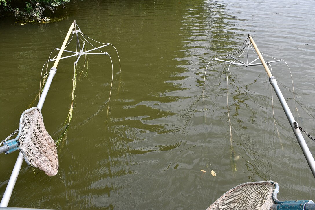 Boom arms that will distribute electricity into the water at the Lockport and Brandon Road pools, Aug. 16, 2019.