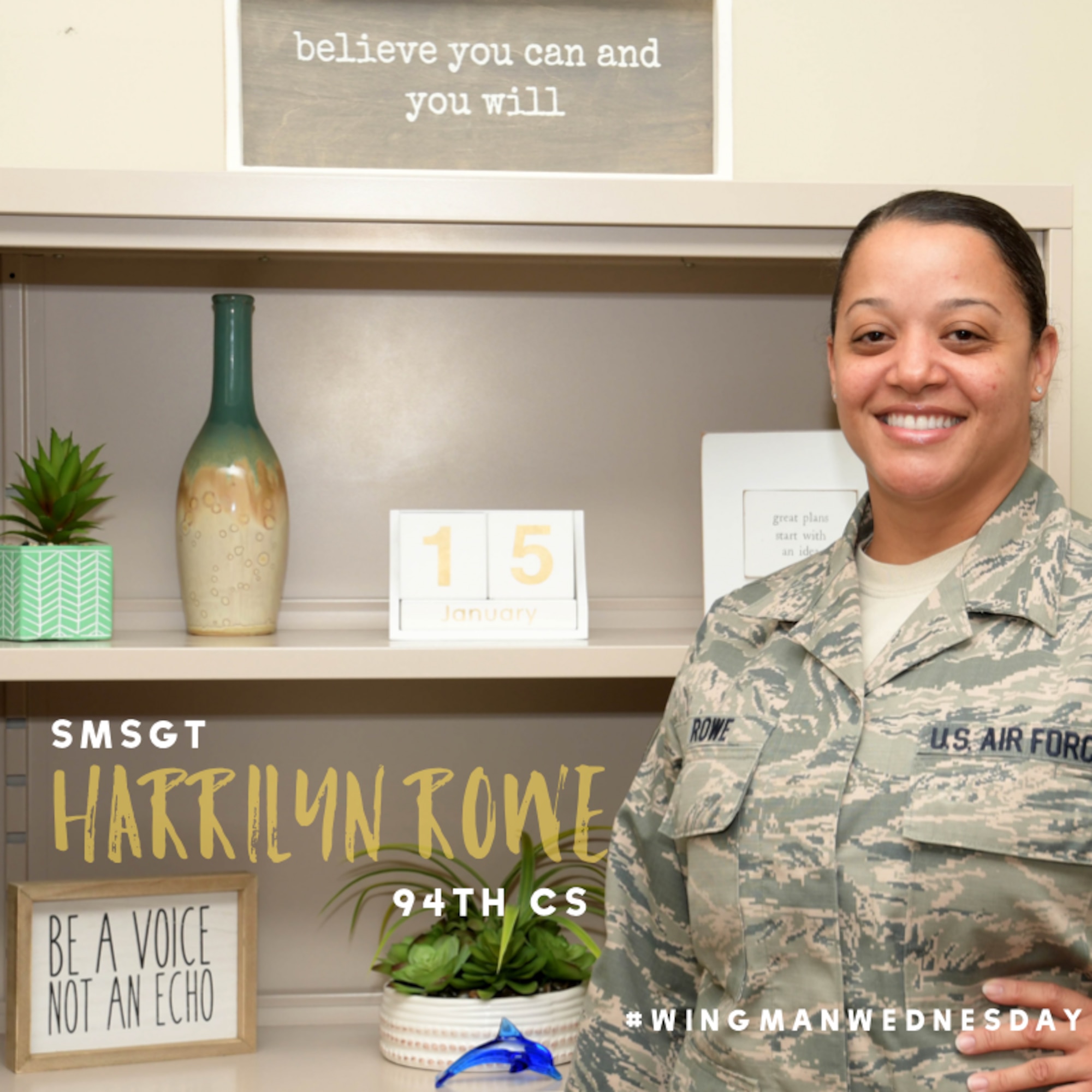 This week’s featured wingman is Senior Master Sgt. Harrilyn Rowe, 94th Communications Squadron superintendent. #wingmanwednesday is a series spotlighting individuals around Dobbins Air Reserve Base. (U.S. Air Force graphic/Andrew Park)