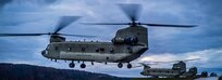 Two CH-47 Chinooks from 1-214th Aviation Regiment  land at battalion headquarters on the evening of Nov. 6 at Hohenfels Training Area during Dragoon Ready 20.