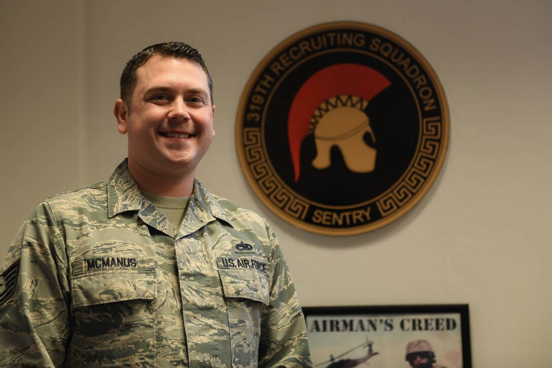 U.S. Air Force Tech. Sgt. Jeremy McManus, 319th Recruiting Squadron European operations program manager, poses for a photo at Aviano Air Base, Italy, Jan. 14, 2020. Aviano’s recruiting office is located on Area F, Bldg. 1467, 2nd floor, Rm. 202. (U.S. Air Force photo by Airman 1st Class Ericka A. Woolever).