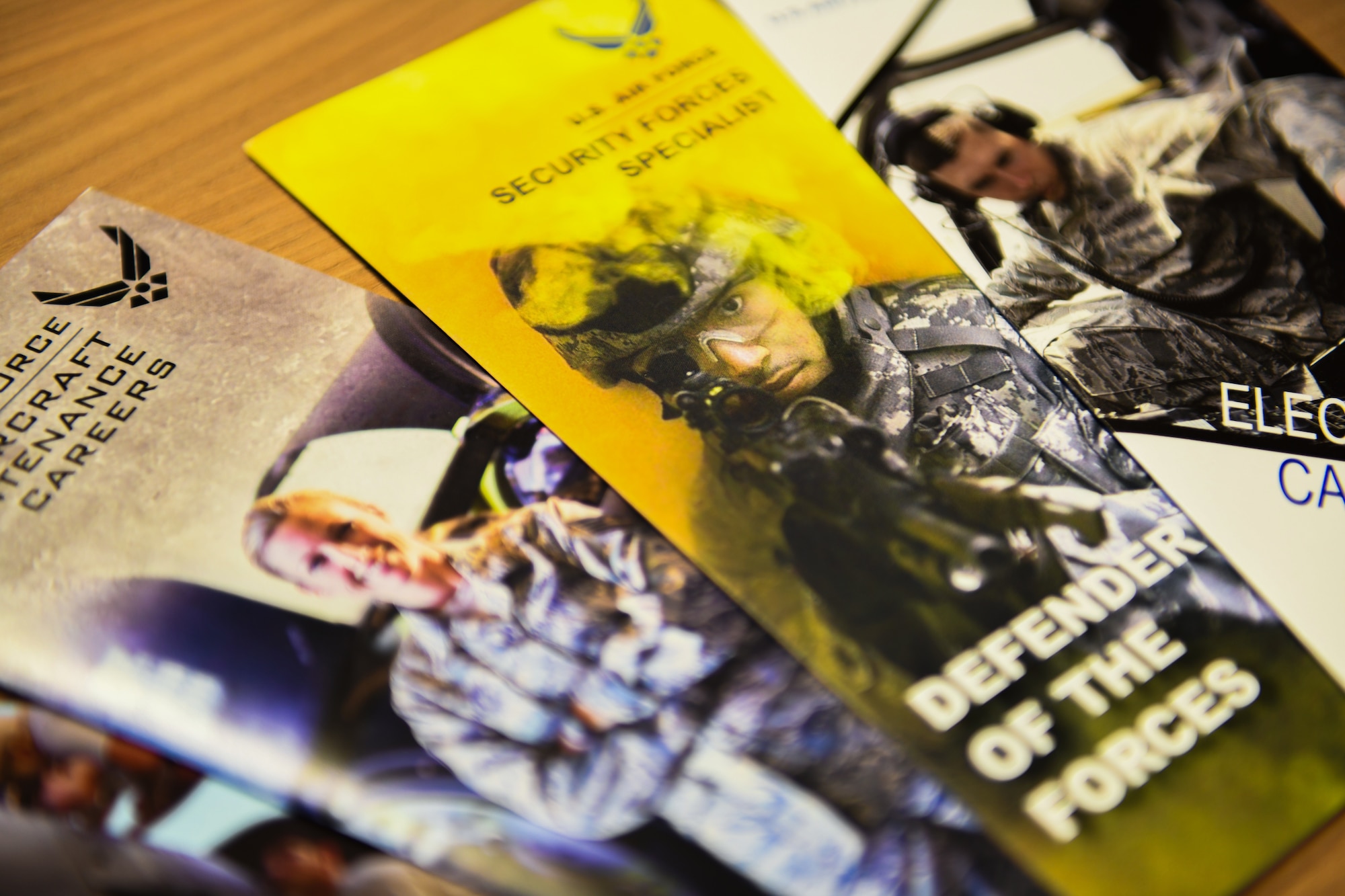 United States Air Force enlisted brochures are displayed on a desk at Aviano Air Base, Italy, Jan. 14, 2020. The U.S. Air Force recruited 29,831 newly enlisted airmen in fiscal year 2018. (U.S. Air Force photo by Airman 1st Class Ericka A. Woolever).
