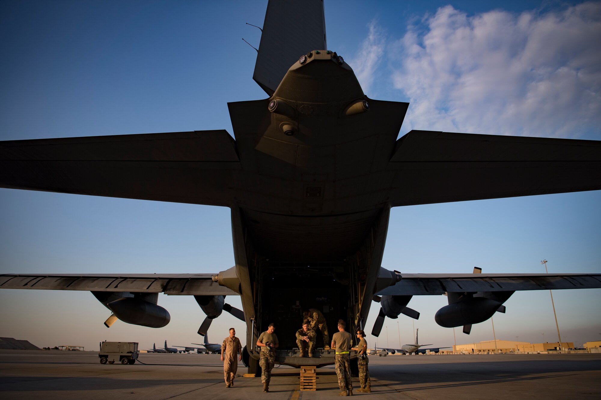 U.S. Air Force Airmen assigned to the 379th Air Expeditionary Maintenance Squadron prepare to launch a C-130 Hercules assigned to the 746th Expeditionary Airlift Squadron at Al Udeid Air Base, Qatar, Jan. 8, 2020.