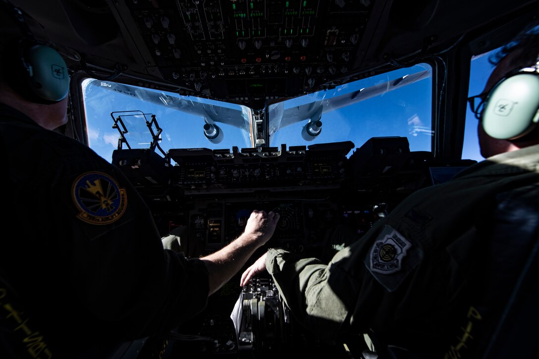 A KC-46 Pegasus assigned to the 22nd Air Refueling Wing flies away after a refueling training mission over Kansas, Jan. 6, 2020. The training mission not only allowed pilots from the 911th Airlift Wing to train, but also pilots and boom operators from the 22nd ARW to receive training as well.