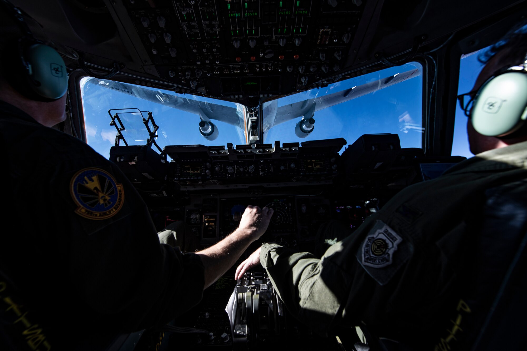 A KC-46 Pegasus assigned to the 22nd Air Refueling Wing flies away after a refueling training mission over Kansas, Jan. 6, 2020. The training mission not only allowed pilots from the 911th Airlift Wing to train, but also pilots and boom operators from the 22nd ARW to receive training as well.
