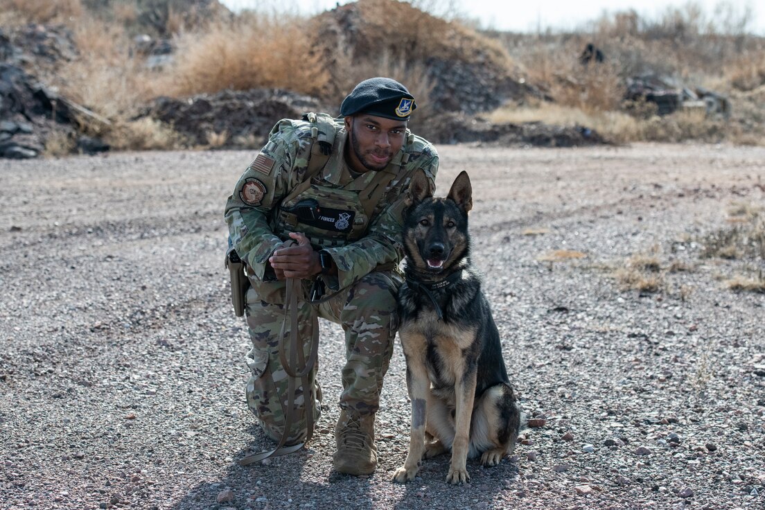 A security forces member with their military working dog