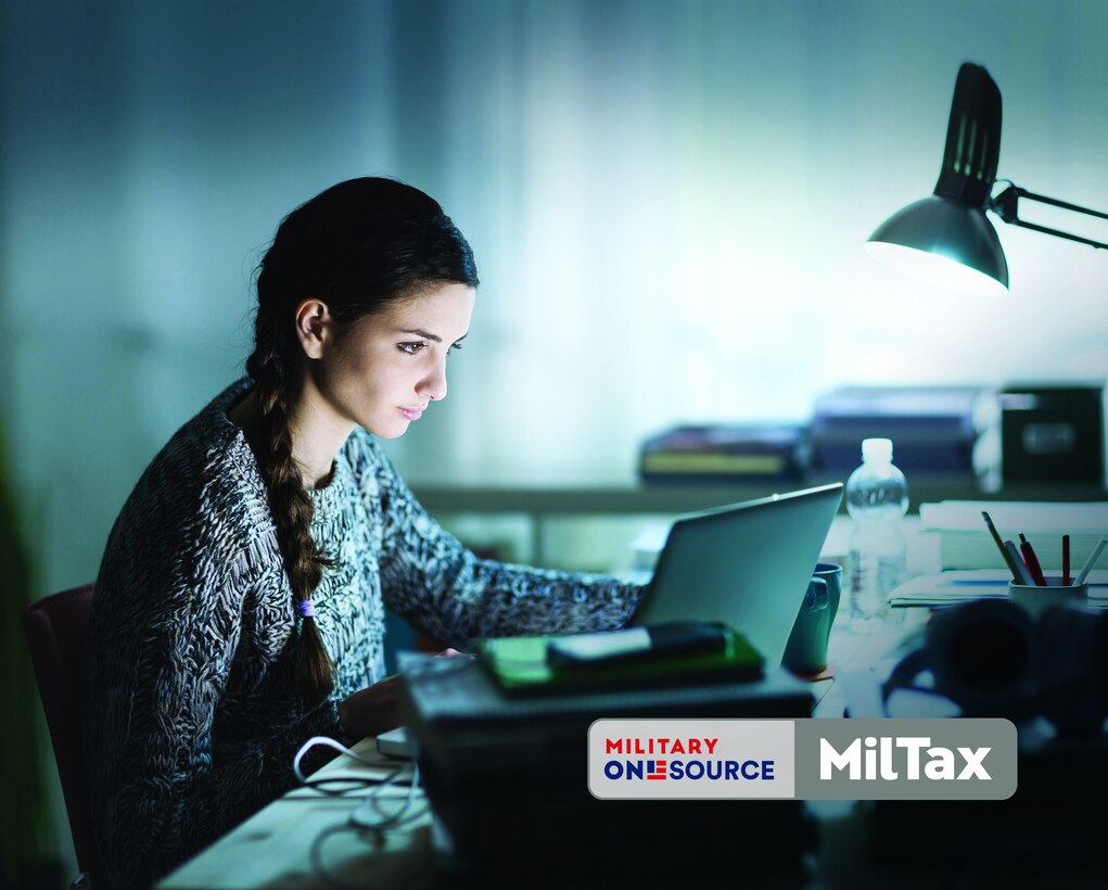A person looks at a computer screen, The image has a Military Onesource MilTax logo superimposed on it.