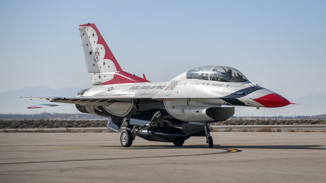 Air Force Thunderbird jet #8, flown by Maj. Jason Markzon, taxis at Edwards Air Force Base, California, Jan. 16. Markzon, the advance pilot and narrator for the Thunderbirds Flight Demonstration Squadron, visited Edwards to conduct a site survey and plane-side press conference ahead of their participation with the 2020 Aerospace Valley Air Show, Oct. 10-11. (Air Force photo by Giancarlo Casem)