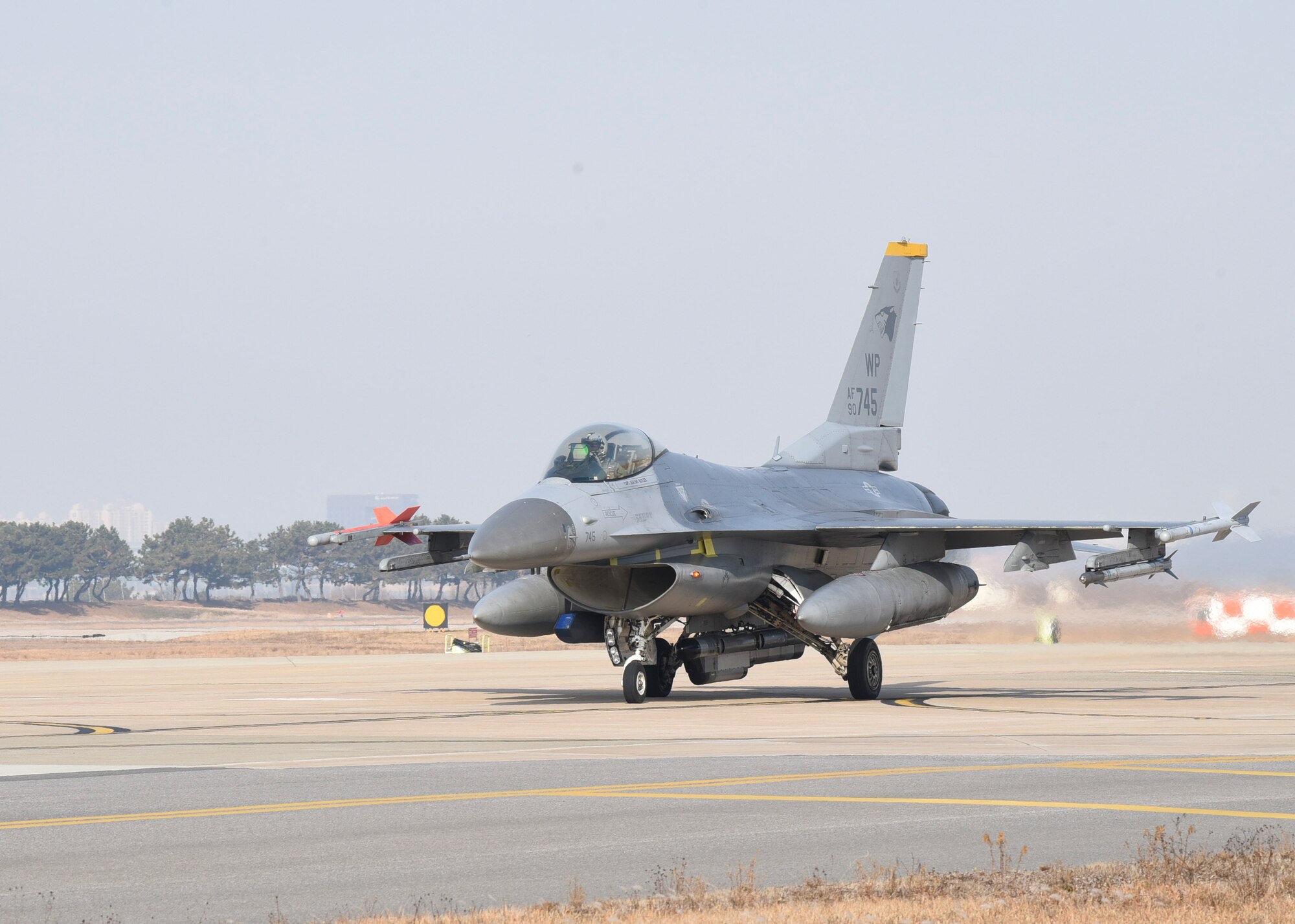 A U.S. Air Force F-16 Fighting Falcon aircraft assigned to the 80th Fighter Squadron “Juvats” taxis on the flightline prior to take off during routine training at Kunsan Air Base, Republic of Korea, Jan. 16, 2020. The 80th FS was activated during World War II in 1942, as the 80th Pursuit Squadron. (U.S. Air Force photo by Staff Sgt. Anthony Hetlage)