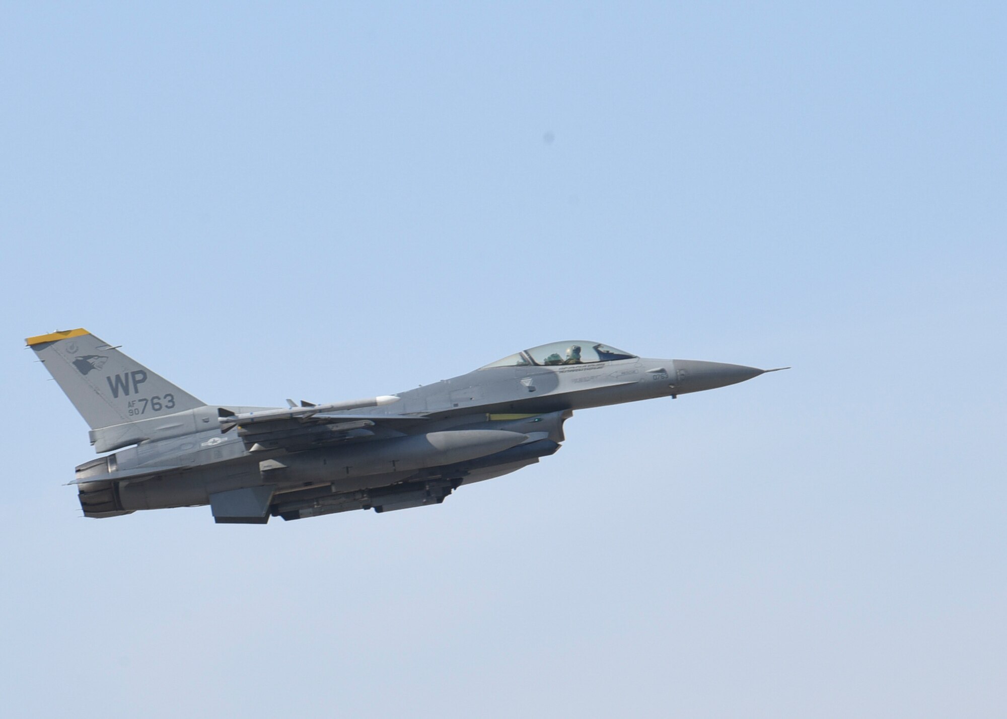A U.S. Air Force F-16 Fighting Falcon aircraft assigned to the 80th Fighter Squadron “Juvats” takes off during routine training at Kunsan Air Base, Republic of Korea, Jan. 16, 2020. In 1981, the 80th FS was the first overseas unit to fly the F-16. (U.S. Air Force photo by Staff Sgt. Anthony Hetlage)