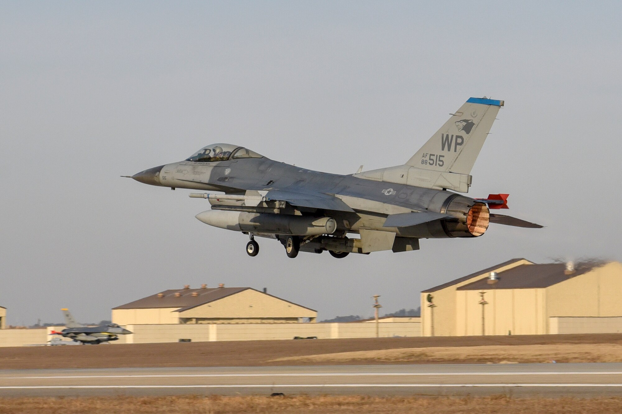A U.S. Air Force F-16 Fighting Falcon aircraft assigned to the 35th Fighter Squadron “Pantons” takes off for a routine training flight at Kunsan Air Base, Republic of Korea, Jan. 16, 2020. The 35th FS is one of two fighter squadrons on Kunsan AB, both of which fly the F-16 with the goal of deterring aggression from adversaries. (U.S. Air Force photo by Tech Sgt. Joshua Arends)