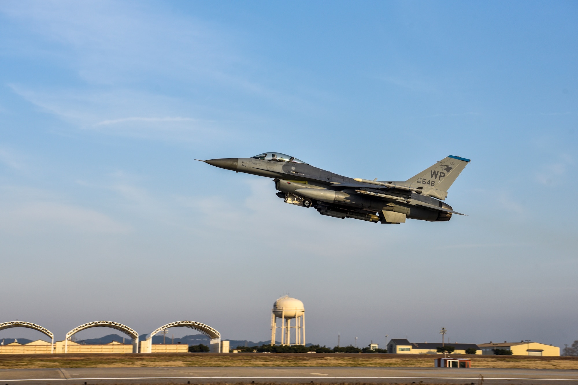 A U.S. Air Force F-16 Fighting Falcon aircraft assigned to the 35th Fighter Squadron “Pantons” takes off for a routine training flight at Kunsan Air Base, Republic of Korea, Jan. 16, 2020. The 35th FS performs air and space control and force application roles including counter air, strategic attack, interdiction and close-air support missions. (U.S. Air Force photo by Tech Sgt. Joshua Arends)