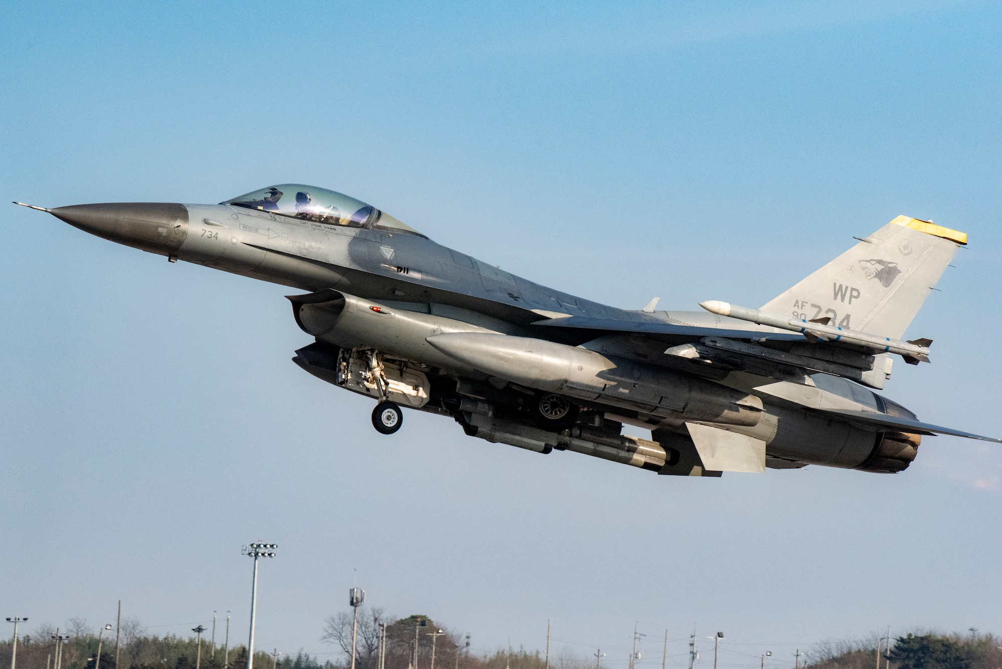 A U.S. Air Force F-16 Fighting Falcon assigned to the 80th Fighter Squadron takes off for a routine training flight at Kunsan Air Base, Republic of Korea, Jan 16, 2020. The 80th FS “Juvats” perform air and space control roles including counter air, strategic attack, interdiction and close-air support missions. (U.S. Air Force photo by Senior Airman Jerreht Harris)