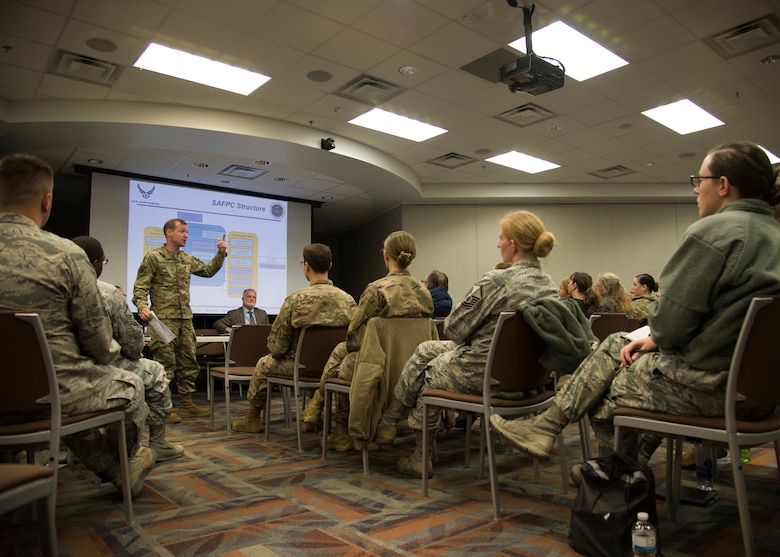 Headquarters Air Reserve Personnel Center hosted Air Force Board Agency teams to provide a how-it-works briefing to members of both HQ ARPC and the base who are involved in transactions that go before boards. (U.S. Air Force photo by Master Sgt. Leisa Grant/Released)