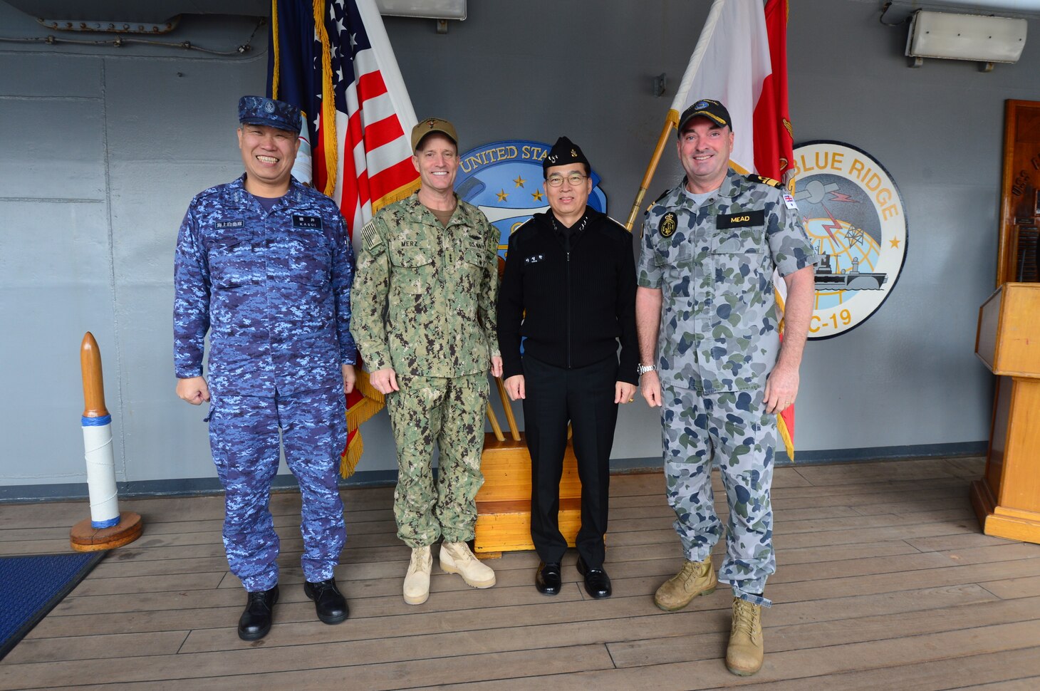 YOKOSUKA, Japan (January 17, 2019) - Commander, U.S. 7th Fleet Vice Adm. Bill Merz, Royal Australian Navy Rear Adm. Jonathan Dallas Mead, Japan Maritime Self-Defense Force (JMSDF) Vice Adm. Hiroyuki Kasui, and Republic of Korea Navy Vice Adm. Lee Sung-Hwan discuss operational topics aboard the 7th Fleet flagship USS Blue Ridge (LCC 19). The meeting provided a forum to engage in professional dialogues on various maritime issues such as multilateral exercises, freedom of navigation operations and maritime law, rules and norms.