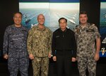 YOKOSUKA, Japan (January 17, 2019) - Commander, U.S. 7th Fleet Vice Adm. Bill Merz (center left) hosts, Royal Australian Navy Rear Adm. Jonathan Dallas Mead (far right), Japan Maritime Self-Defense Force (JMSDF) Vice Adm. Hiroyuki Kasui (left), and Republic of Korea Navy Vice Adm. Lee Sung-Hwan (center right) aboard the 7th Fleet flagship USS Blue Ridge (LCC 19) for a Fleet Commanders Round Table. The meeting provided a forum to engage in professional dialogues on various maritime issues such as multilateral exercises, freedom of navigation operations and maritime law, rules and norms.
