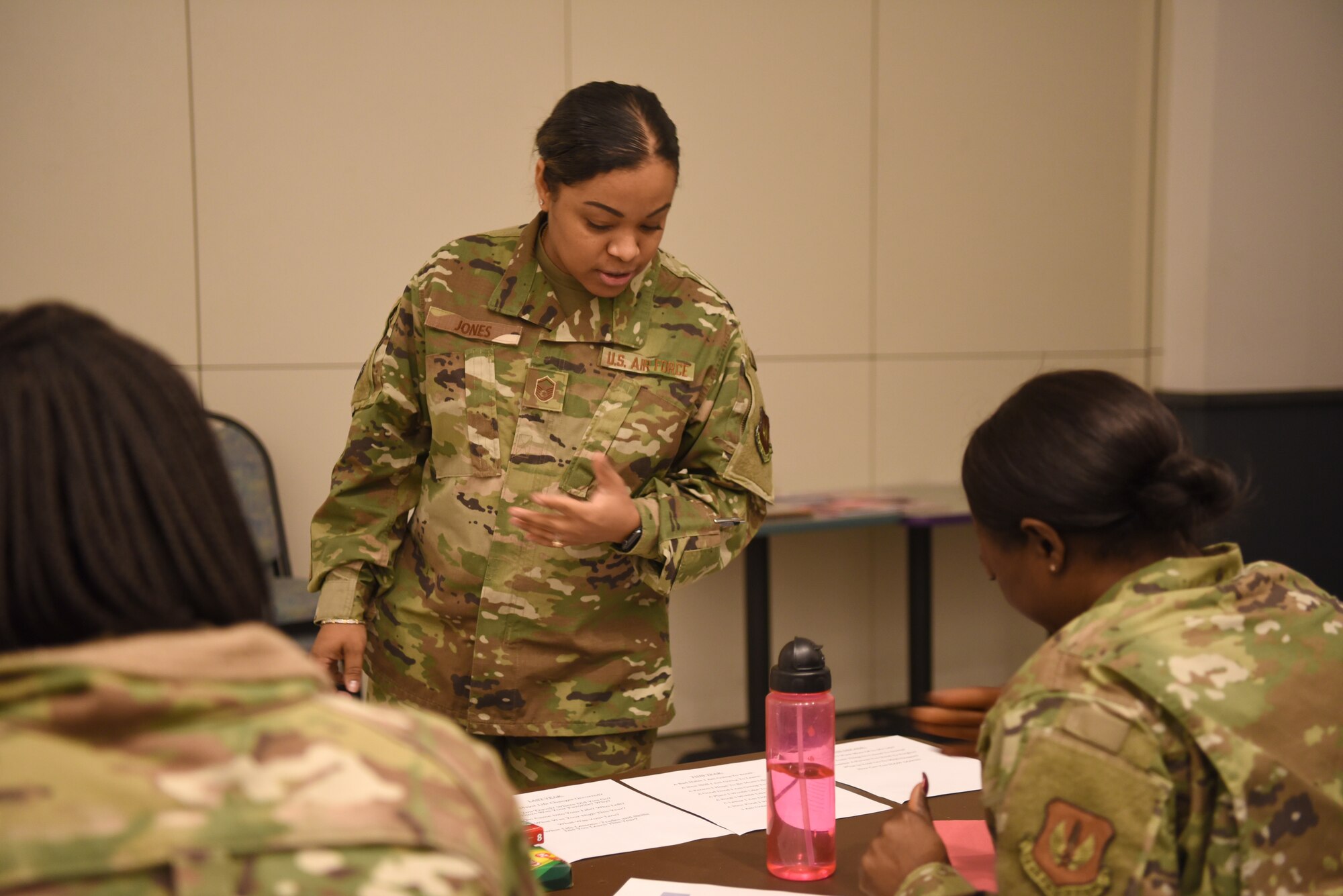 U.S. Air Force Master Sgt. Alejandra Jones, Headquarters U.S. Air Forces Europe-Air Forces Africa commander's quarters staff superintendent, leads the monthly Let’s Connect session at the Kaiserslautern Military Community Center, Ramstein Air Base, Germany, Jan. 14, 2020.