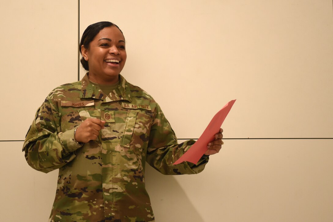 U.S. Air Force Master Sgt. Alejandra Jones, Headquarters U.S. Air Forces Europe-Air Forces Africa commander's quarters staff superintendent, discusses her vision for 2020 during the monthly Let’s Connect session at the Kaiserslautern Military Community Center, Ramstein Air Base, Germany, Jan. 14, 2020.