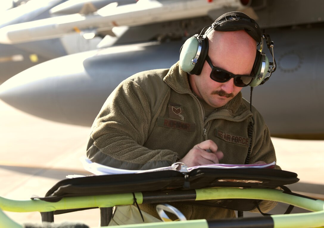 U.S. Air Force crew chief with the 494th Expeditionary Aircraft Maintenance Squadron