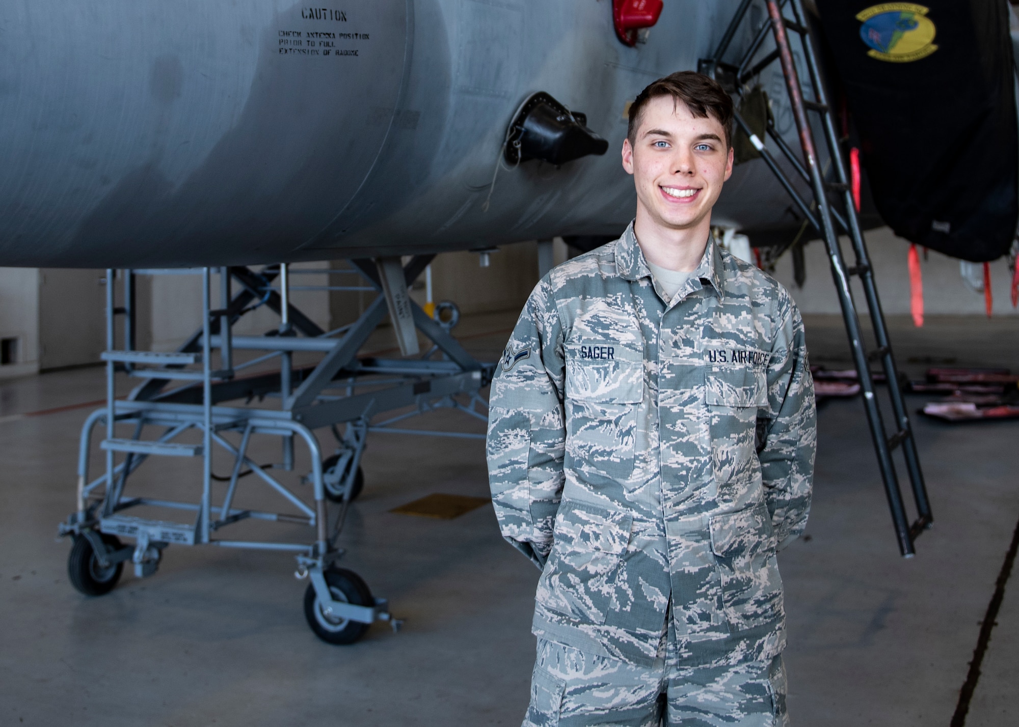 Airman Jacob Sager, 365th Training Squadron avionics apprentice course graduate, poses for a photo at Sheppard Air Force Base, Texas, Jan. 16, 2019. Sager earned the ACE award for getting perfect scores on all his performance checks and tests. (U.S. Air Force photo by Senior Airman Pedro Tenorio)