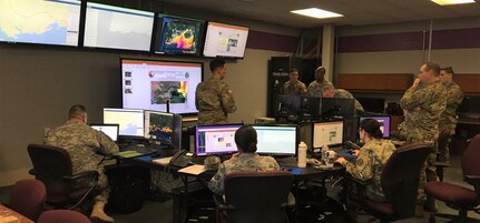 Army 1st Lt. Jerry Rivera serves as officer-in-charge for the Maryland National Guard's Joint Unclassified Processing, Analysis and Dissemination (UPAD) team while supporting earthquake recovery efforts in Puerto Rico Jan 15, 2020, at Camp Fretterd Military Reservation in Reisterstown, Md.