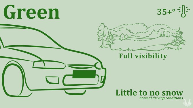 Road Condition Green at Ramstein Air Base represents normal road conditions. As the default condition, some of the characteristics of Green are temperatures greater than 35 degrees Fahrenheit, little to no snow, and full road visibility.