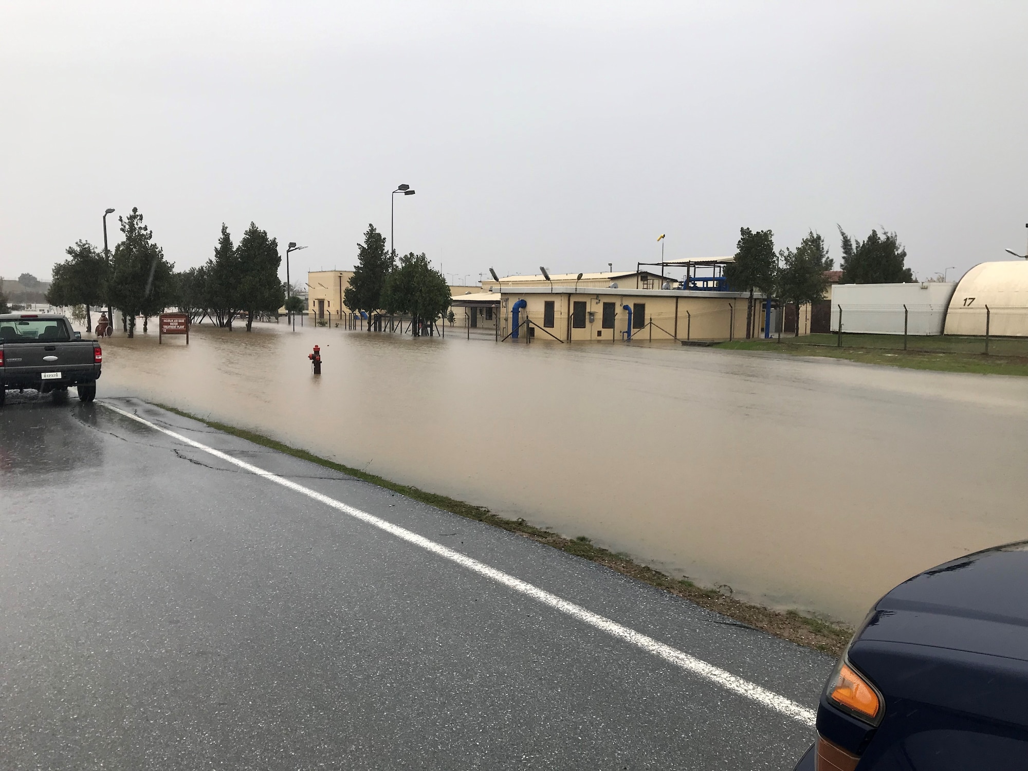 Flood water overtakes the water treatment plant during the morning of Dec. 25, 2019, at Incirlik Air Base, Turkey. The water level rose to unsafe levels as rain continued to fall during a storm. (Courtesy Photo)