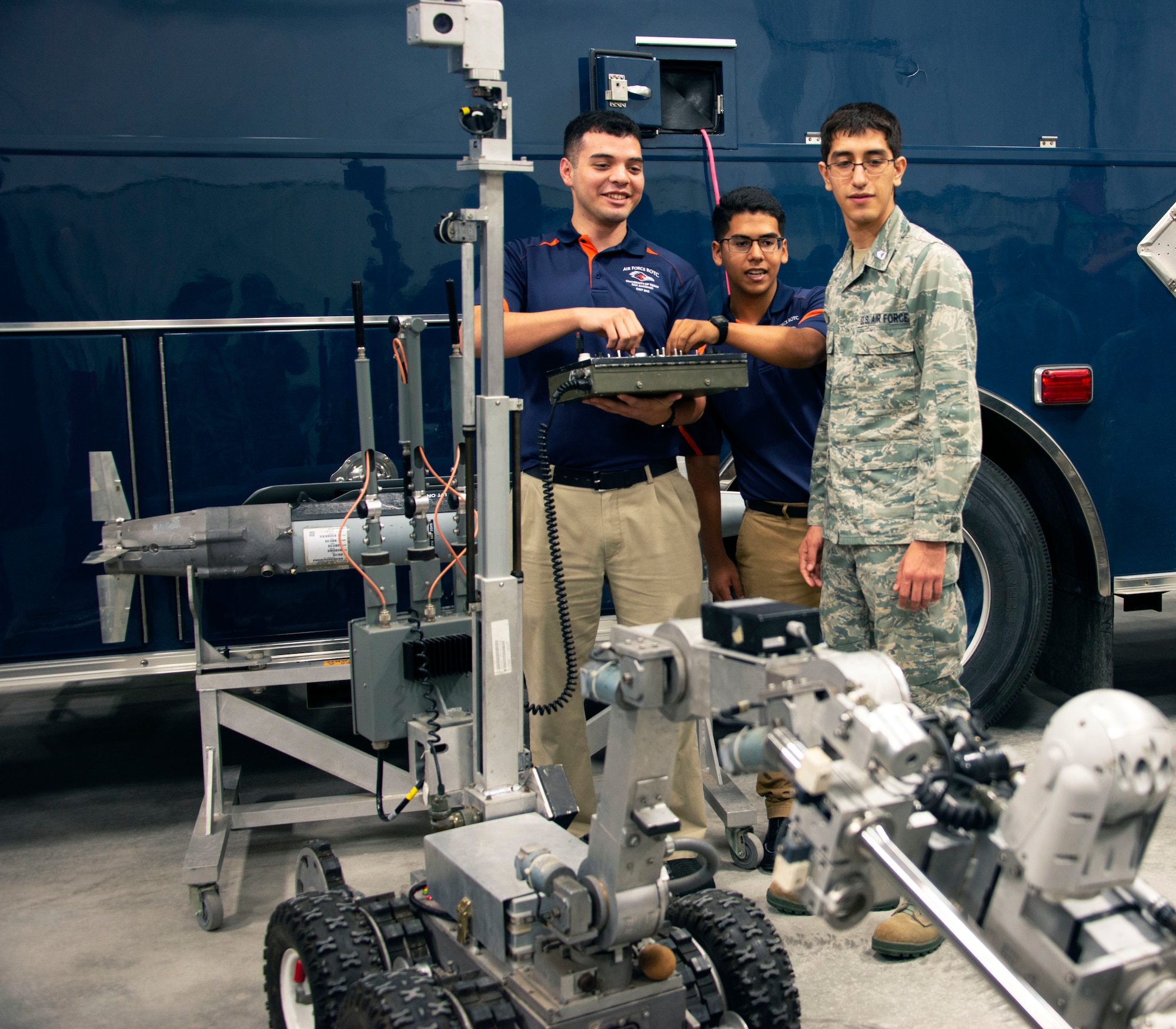 Air Force Reserve Officer Training Corps cadets interacted with a robot at Tyndall Air Force Base, Florida, Jan. 15, 2020. The 325th Civil Engineer Squadron Explosive Ordnance Disposal showcased one of their bomb squad robots to show the cadets Air Force capabilities. (U.S. Air Force photo by 2nd Lt. Kayla Fitzgerald)