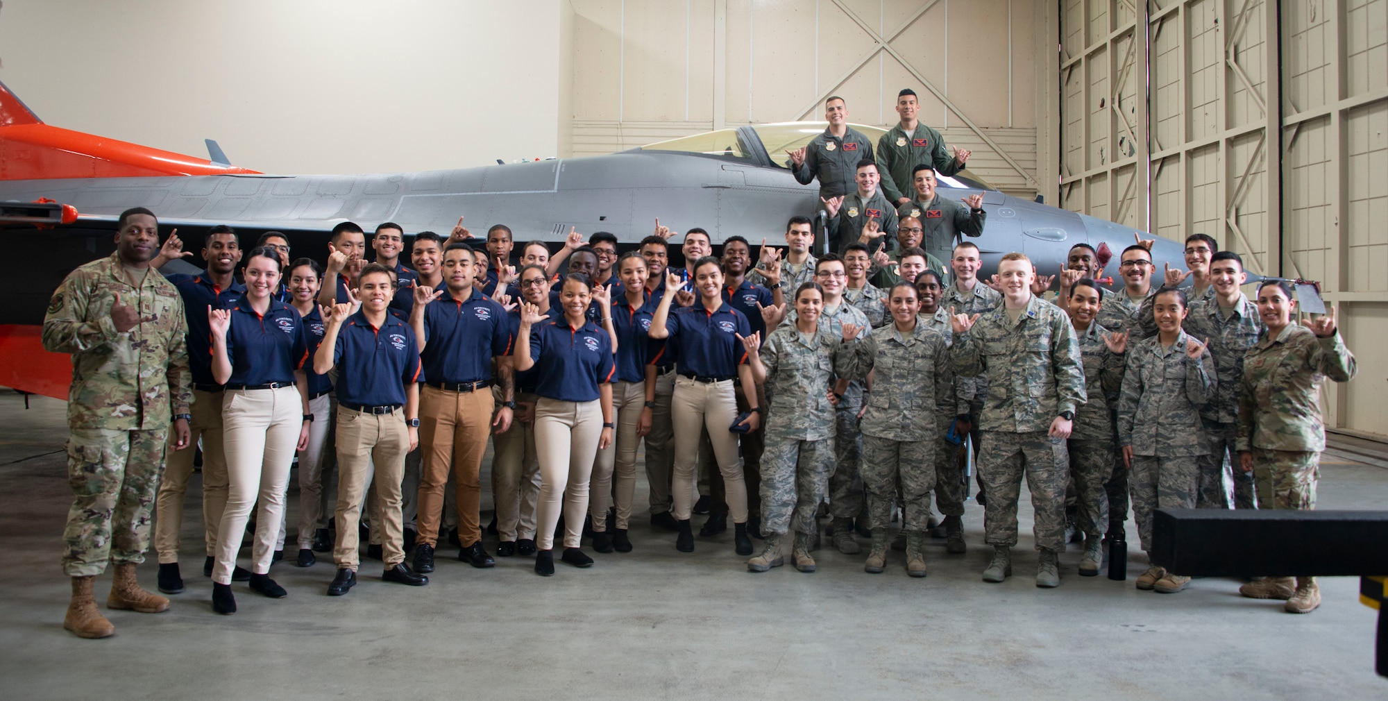 Air Force Reserve Officer Training Corps cadets pose for a photo at Tyndall Air Force Base, Florida, Jan. 15, 2020. The cadets toured several units on base including the 53rd Weapons Evaluation Group. (U.S. Air Force photo by 2nd Lt. Kayla Fitzgerald)