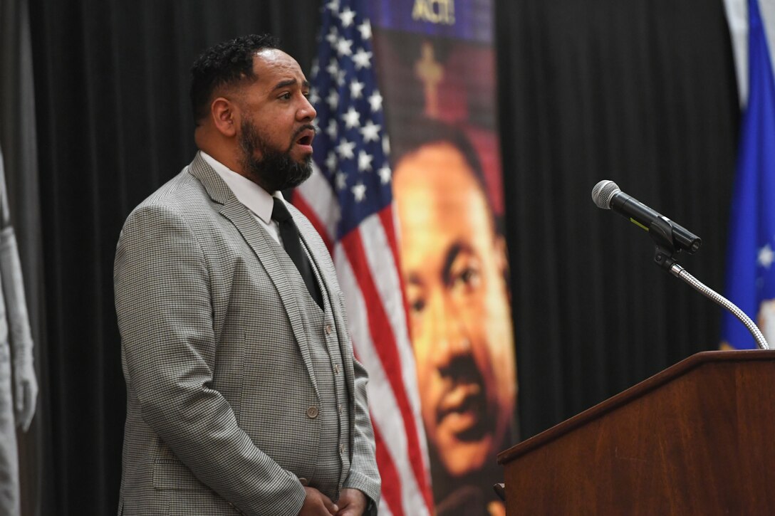 Deandrae Boyd sings the National Anthem during the Martin Luther King, Jr. Commemoration Luncheon Jan. 16, 2020, at Hill Air Force Base, Utah. (U.S. Air Force photo by Cynthia Griggs)