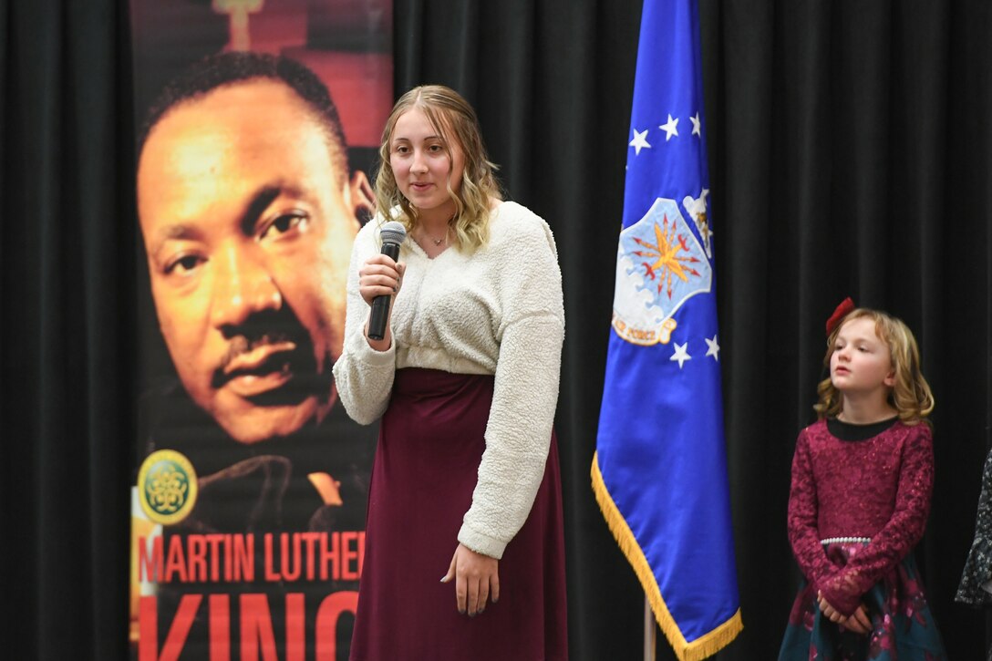 Skye Thompson, 12th grader at Northridge High School, delivers her speech during the Martin Luther King, Jr. Commemoration Luncheon Jan. 16, 2020, at Hill Air Force Base, Utah. Thompson is a winner from the Davis County MLK Speech Competition where they chose to deliver a famous speech by Martin Luther King, Jr.  (U.S. Air Force photo by Cynthia Griggs)