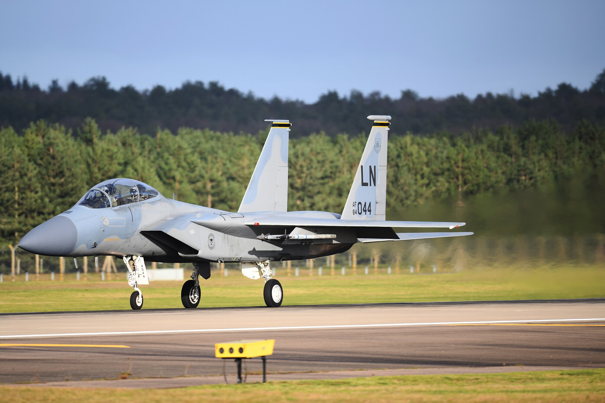 An F-15C Eagle carrying Civil Air Patrol Cadet Zane Fockler, Mildenhall Cadet Squadron cadet, prepares to take off for a familiarization flight at Royal Air Force Lakenheath, England, January 10, 2019. Flockler was awarded the highest prestigious award in the Civil Air Patrol, the Gen. Carl A. Spaatz Award for demonstrating excellence in leadership, character, fitness, and aerospace education. (U.S.Air Force photo by Senior Airman Shanice Williams-Jones)