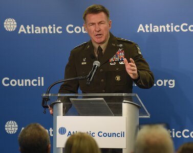 Army Chief of Staff Gen. James C. McConville, speaks about great power competition at the Atlantic Council in Washington, Jan. 14, 2020.