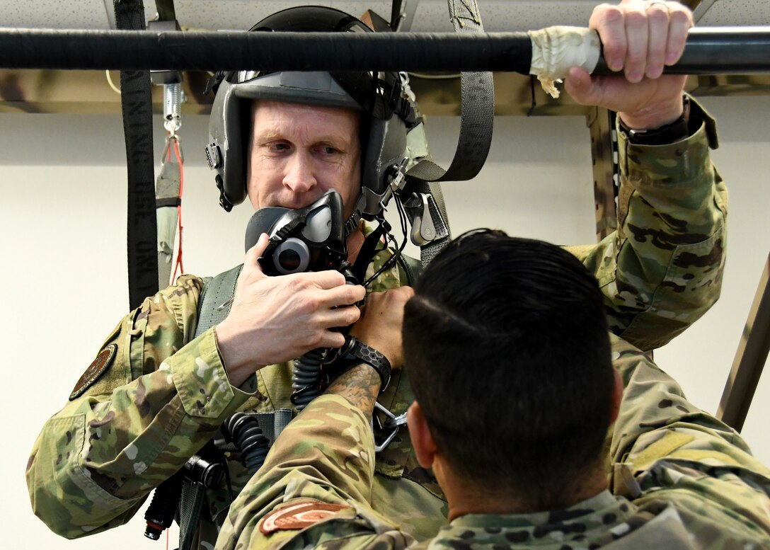 Maj. Gen. Jay D. Jensen, Headquarters Air Force Reserve Command, director of plans, programs and requirements, receives emergency parachute training at the 414th Combat Training Squadron, prior to his familiarization flight, Jan. 9, 2020, at Nellis Air Force Base, Nevada. (U.S. Air Force photo by Natalie Stanley)