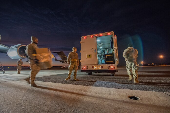 Members of the 437th Aircraft Maintenance Squadron, jet engine section, pack up after replacing an electrical wire harness from a C-17 engine Jan. 7, 2020, at Joint Base Charleston, S.C.