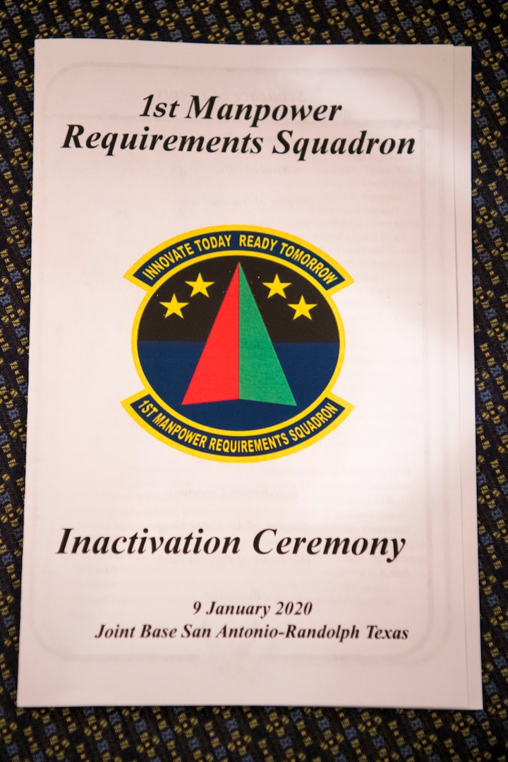 The front cover of the program for the 1st Manpower Requirements Squadron inactivation ceremony, Jan. 9, 2020, at Joint Base San Antonio-Randolph, Texas. The 1st MRS is now a division under the Manpower Management Operations Directorate in the Air Force Manpower Analysis Agency.