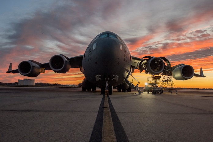 A C-17 sits on the flight line waiting for repairs from members of the 437th Aircraft Maintenance Squadron Jan. 7, 2020, at Joint Base Charleston, S.C.