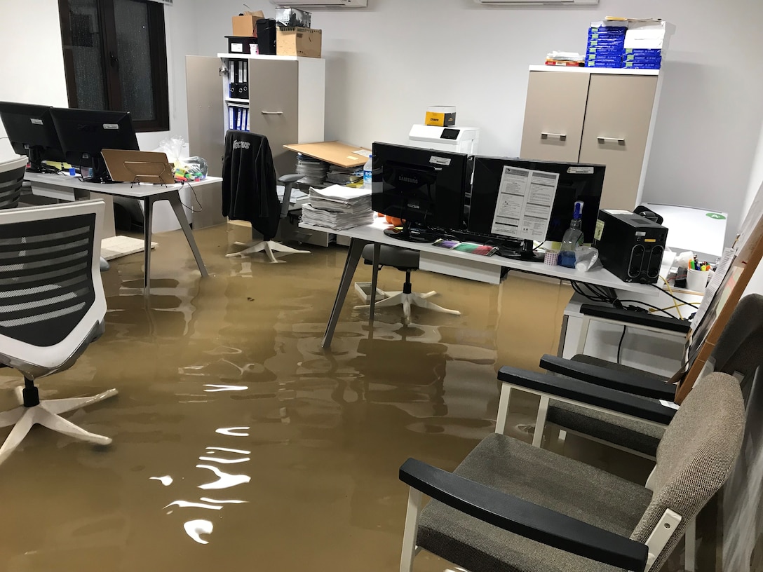 Water rises in the water treatment plant office before evacuation Dec. 25, 2019, at Incirlik Air Base, Turkey. Water damage preventative measures were taken by employees before the water continued to rise, such as moving documents and electronics to higher places. (Courtesy Photo)