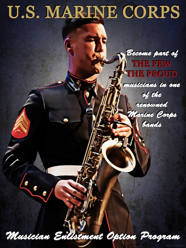 Sgt. Spencer Day, a musician with Marine Corps Band New Orleans, plays the saxophone at the Saenger Theatre, New Orleans, Dec. 9, 2017. The illustration is part of a series inspired by vintage Marine Corps recruiting posters. (U.S. Marine Corps photo illustration by Cpl. Tessa D. Watts)
