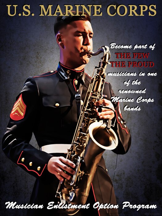 Sgt. Spencer Day, a musician with Marine Corps Band New Orleans, plays the saxophone at the Saenger Theatre, New Orleans, Dec. 9, 2017. The illustration is part of a series inspired by vintage Marine Corps recruiting posters. (U.S. Marine Corps photo illustration by Cpl. Tessa D. Watts)