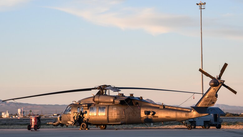 A U.S. Air Force HH-60G Pave Hawk sits on the flight line at Davis-Monthan Air Force Base, Arizona, Jan. 14, 2020. The HH-60’s primary mission is to conduct day or night personnel recovery operations into hostile environments to recover isolated personnel. (U.S. Air Force photo by Senior Airman Cheyenne A. Powers)