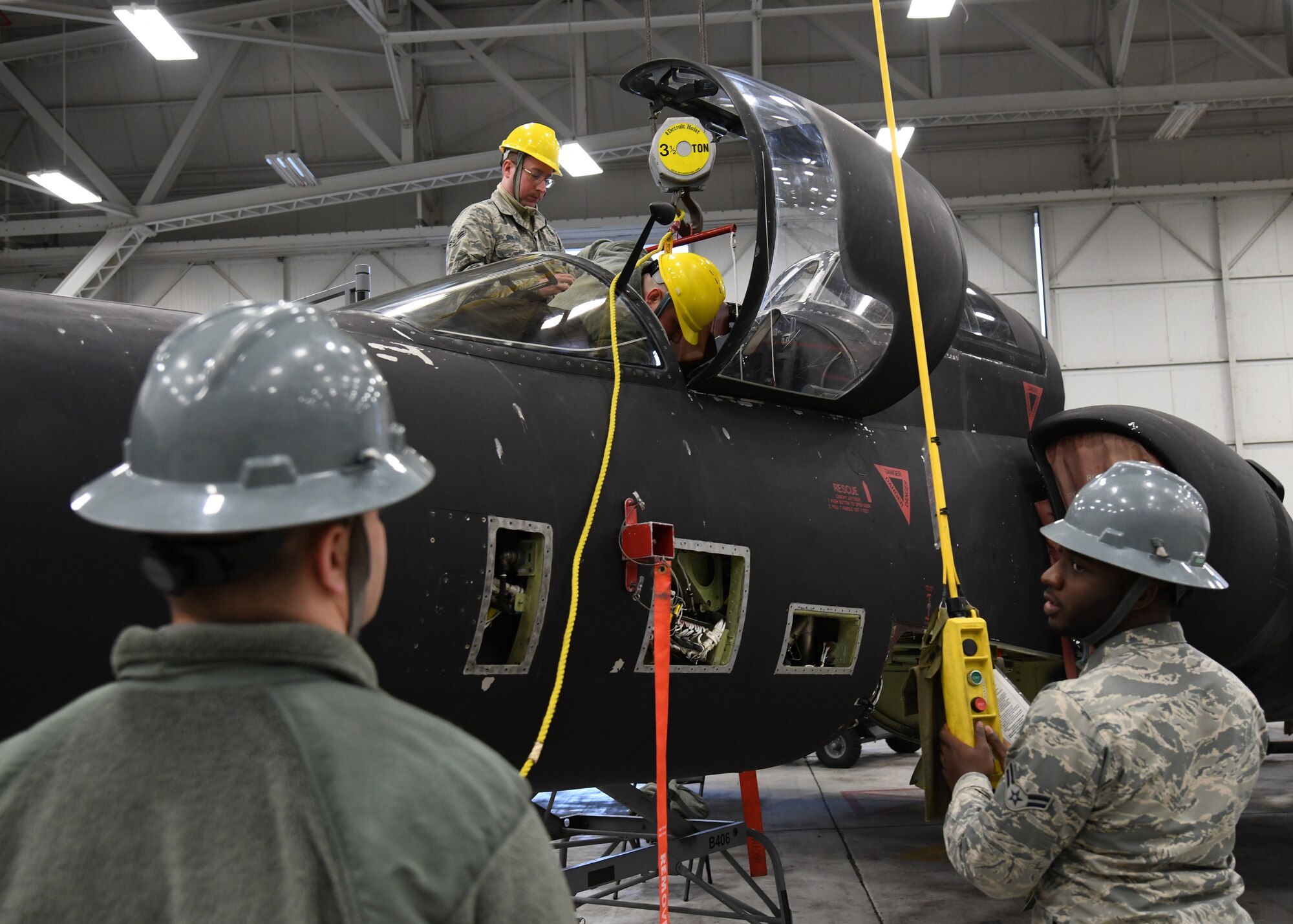 9th Maintenance Squadron aircrew egress Airmen install a U-2 Dragon Lady egress seat, Jan. 16, 2020 at Beale Air Force Base, California. To guarantee the proper functioning of egress systems, these professionals perform maintenance regularly, conduct full diagnostic inspections of egress systems, check for any broken components, and swap out any time-changeable items that have expired.