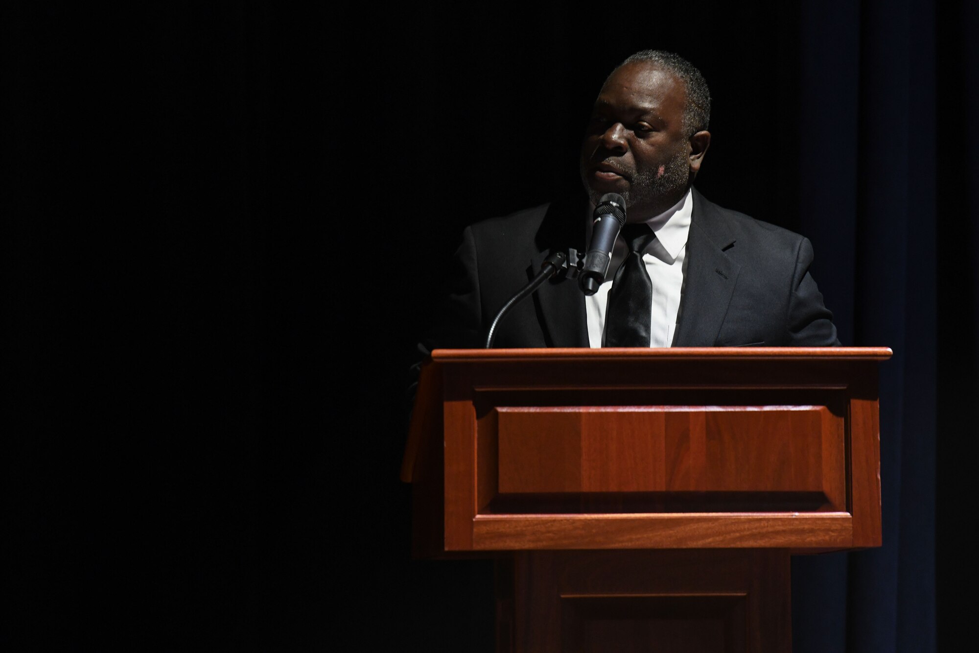 Cecil Gibson, Mt. Cavalry Baptist Church pastor, reenacts the “I Have a Dream”speech by Dr. Martin Luther King Jr. at Little Rock Air Force Base, Arkansas, Jan. 17, 2020