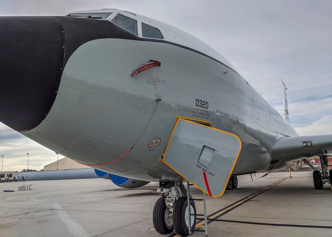 A KC-135 Stratotanker is parked at Edwards Air Force Base, Jan. 17. The 412th Test Wing will send the KC-135 and three F-16 Fighting Falcons to conduct a flyover for the NFC championship game at Levi’s Stadium in Santa Clara, California, on Jan. 19. (Air Force photo by Crosby Shaterian)