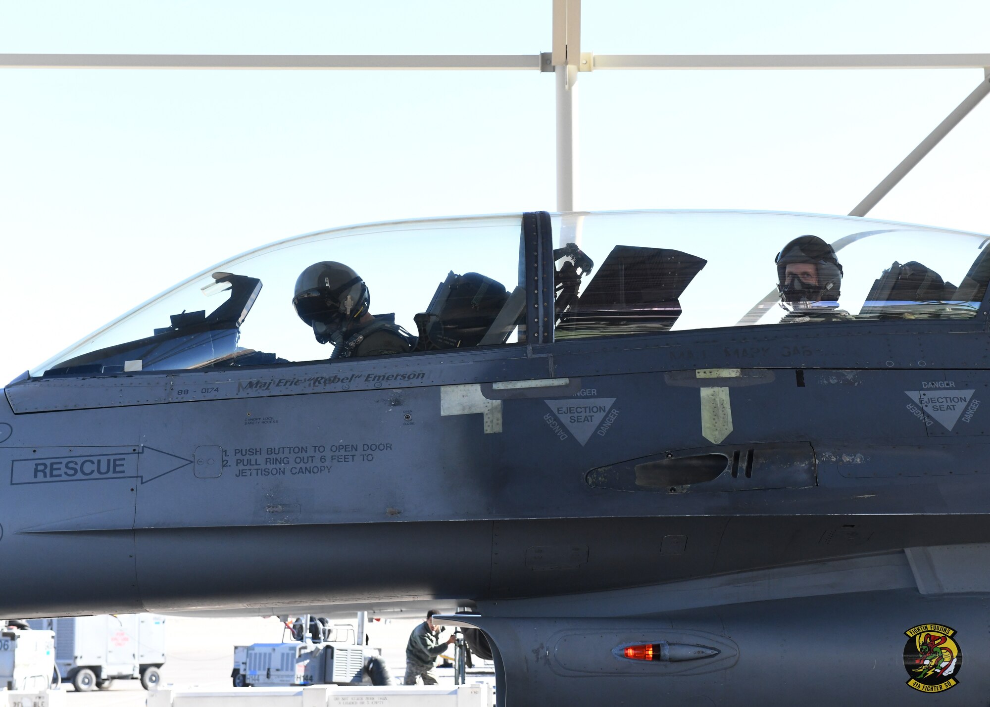 Maj. Gen. Jay D. Jensen, Headquarters Air Force Reserve Command, director of plans, programs and requirements, receives emergency parachute training at the 414th Combat Training Squadron, prior to his familiarization flight, Jan. 9, 2020, at Nellis Air Force Base, Nevada. (U.S. Air Force photo by Natalie Stanley)