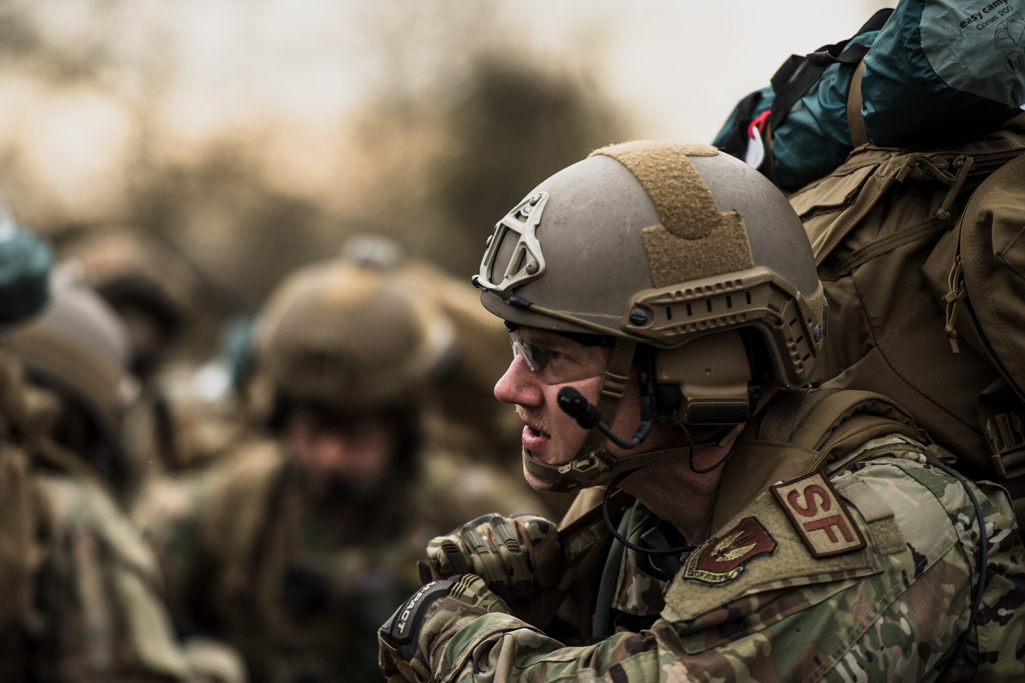 U.S. Air Force Tech. Sgt. Daniel Waller, 435th Security Forces Squadron ground combat readiness training center course chief, carries a rucksack containing the necessary equipment for exercise Frozen Defender in Grostenquin, France, Jan. 14, 2020. Frozen Defender tests the squadron’s capabilities in a contested environment under harsh conditions. The exercise challenged the Defenders’ ability to deter potential threats and ensure the safety of their fellow Airmen. (U.S. Air Force photo by Staff Sgt. Devin Boyer)