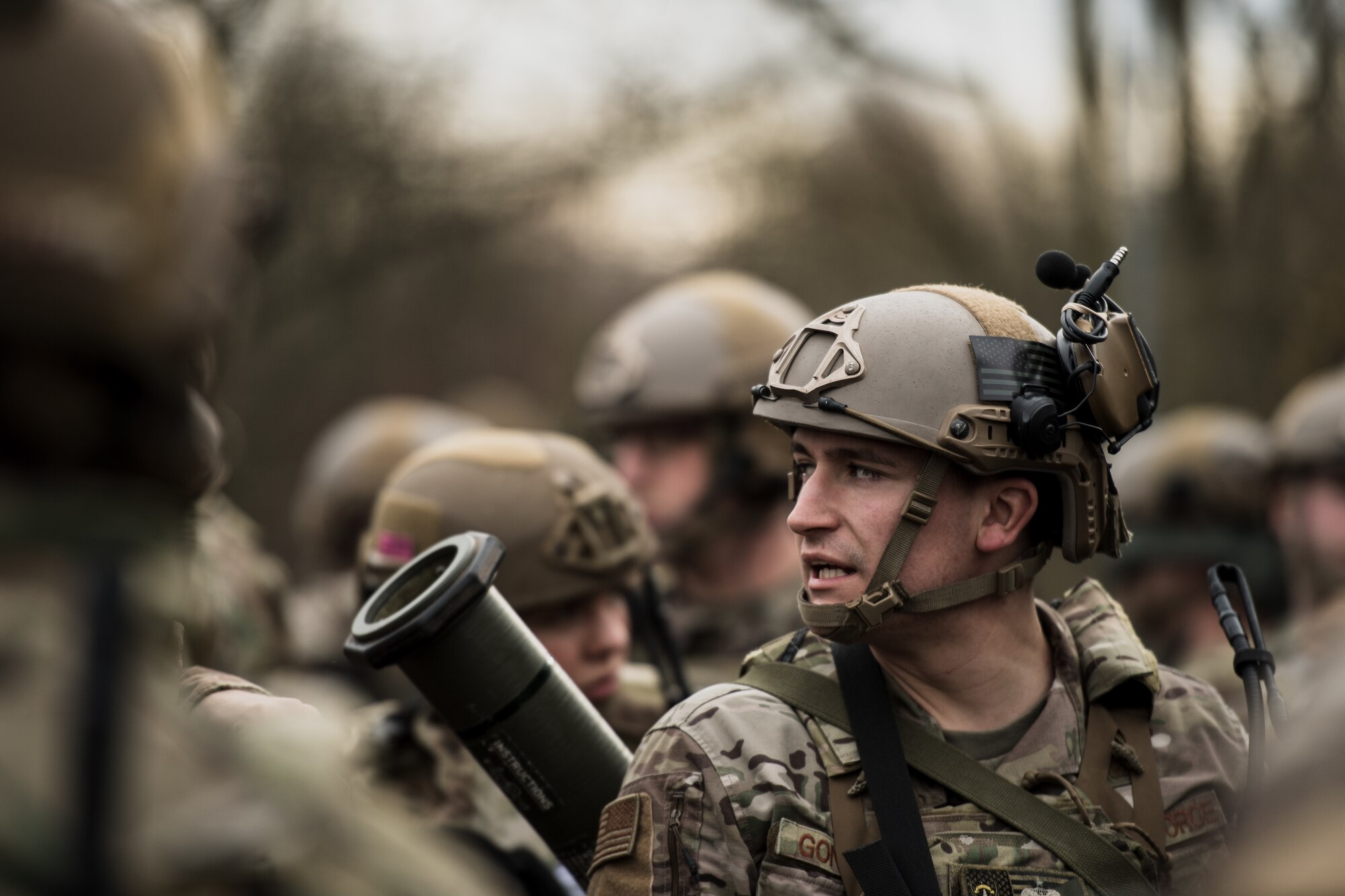 U.S. Air Force Staff Sgt. Estaban Gonawicha, 435th Security Forces Squadron ground combat readiness training center instructor, arrives to Grostenquin, France, with his comrades for exercise Frozen Defender, Jan. 14, 2020. Frozen Defender tests the squadron’s capabilities in a contested environment under harsh conditions. Upon arrival to Grostenquin, Gonawicha and his comrades had to carry their supplies across the terrain while providing security along the way. (U.S. Air Force photo by Staff Sgt. Devin Boyer)