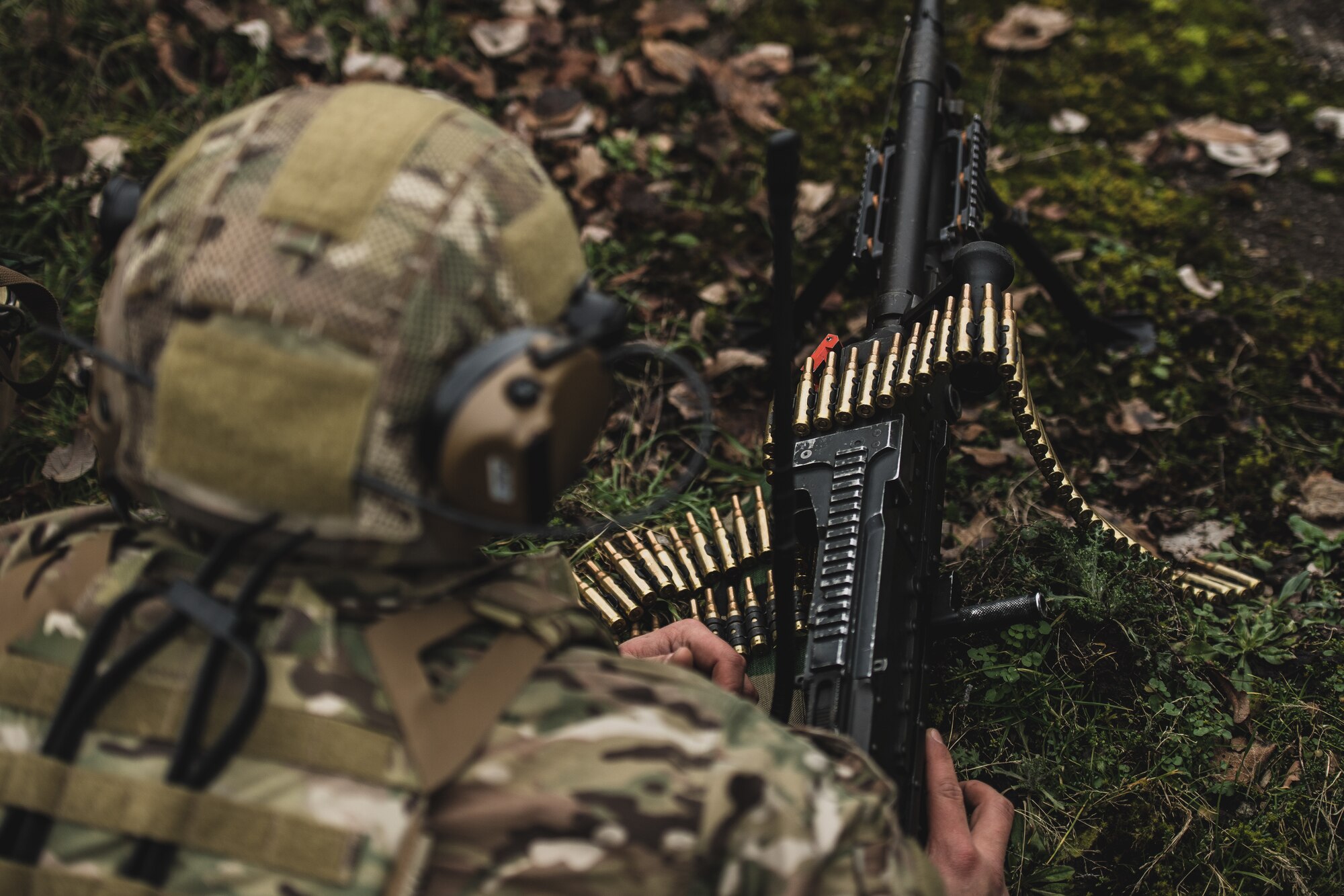 A U.S. Air Force heavy-machine gun operator assigned to the 435th Security Forces Squadron provides security for his comrades during exercise Frozen Defender in Grostenquin, France, Jan. 14, 2020. Frozen Defender tests the squadron’s capabilities in a contested environment under harsh conditions. The 435th SFS Defenders use a myriad of weapons to ensure they are ready to face any adversarial threat. (U.S. Air Force photo by Staff Sgt. Devin Boyer)