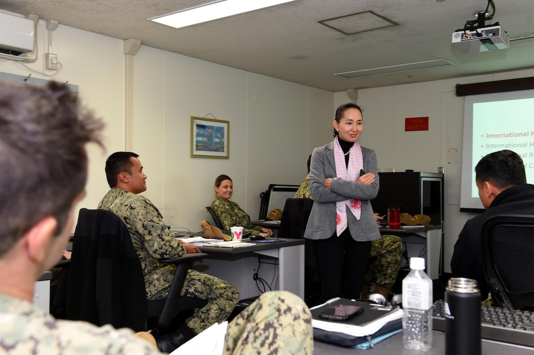 YOKOSUKA, Japan (Jan. 14, 2020) - Tomoko Matsuzawa, Japan Ministry of defense director for defense cooperation in the Indo-Pacific Region, leads overview training on legal framework related to Women, Peace & Security (WPS) to Sailors attending an U.S. Indo-Pacific Command Gender in Security Cooperation Course held Jan. 14 – 15, 2020 on Commander, Fleet Activities Yokosuka. The course was developed in response to the need for comprehensive education on WPS within the U.S. Indo-Pacific Command theater and meets training requirements outlined in the U.S. WPS Act of 2017 and U.S. strategy on WPS.